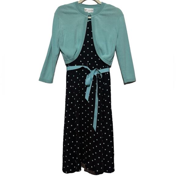 Studio I Mint Teal‎ Brown Polka Dot Long Modest Fit Flare Dress Sweater Size 8 - Picture 1 of 5